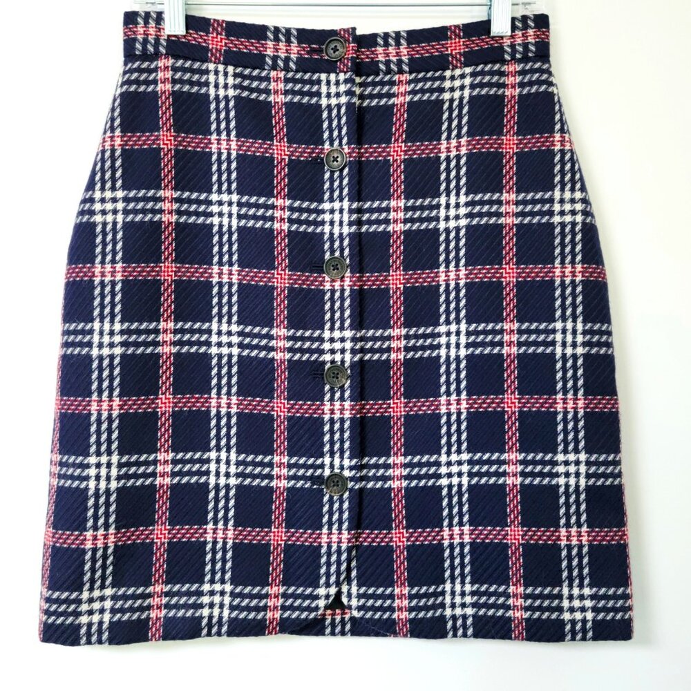 Brooks Brothers Red Fleece Wool Blend Plaid Button Front Skirt Navy Red Heritage